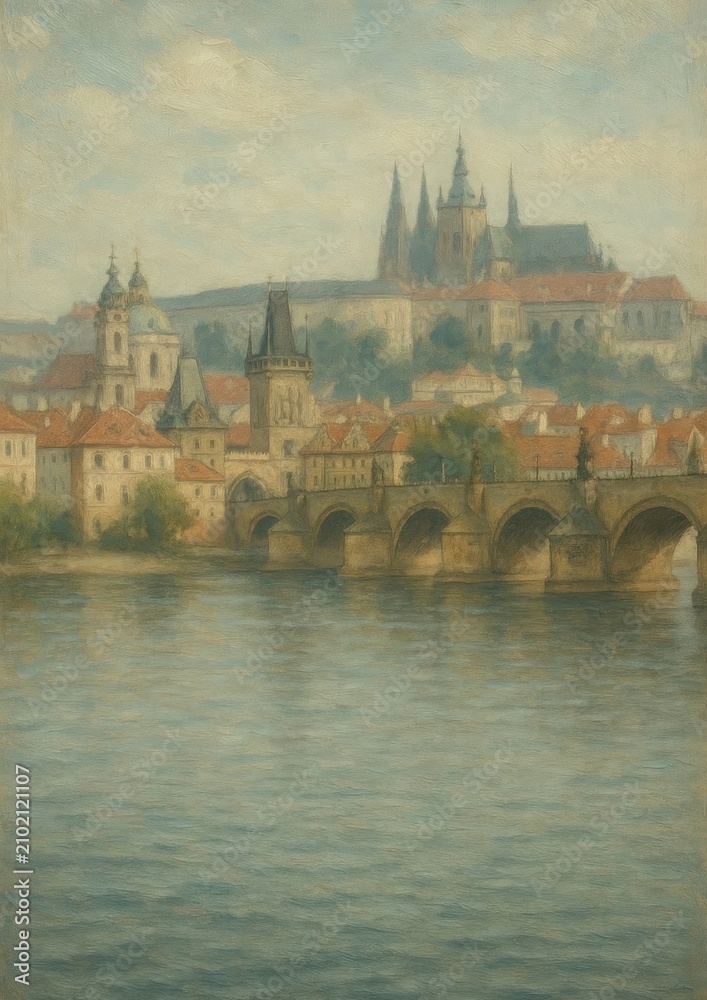 Fototapeta premium Historic cityscape painting wallpaper.