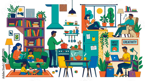 Diverse Family Engaging in Various Domestic Activities at Home