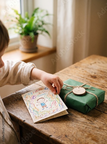 Child's handmade drawing card and green gift box on wooden table