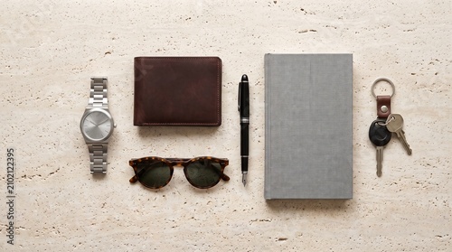 Flat lay of essential mens accessories including a watch wallet sunglasses pen notebook and keys on a textured background