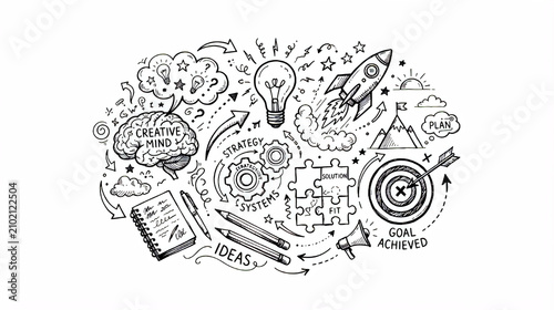 Hand draw creative mind idea strategy and business success doodle set