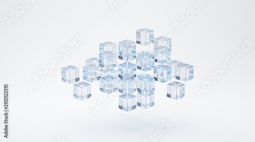 Abstract network of transparent glass cubes connected by glowing blue lines on a white background