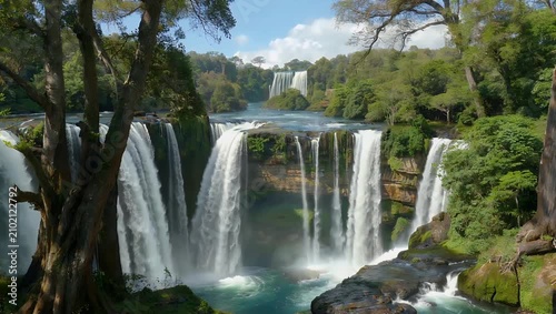 Spectacular 4K cinematic footage capturing the immense grandeur of Iguazu Falls in Foz do Iguaçu Brazil showcasing powerful cascading torrents and rising mist clouding one of nature s greatest