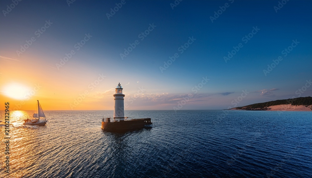 Fototapeta premium show a lighthouse illuminating a vessel symbolizing direction during customer journeys accompanied by a serene sea backdrop