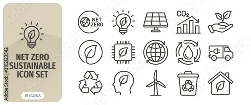 Net zero sustainable icon set, eco friendly and green energy vector line icons