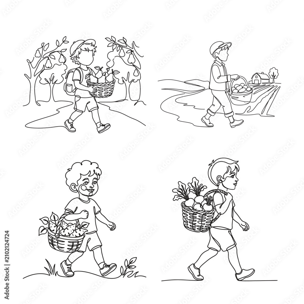 Fototapeta premium children carrying baskets of fruits and vegetables