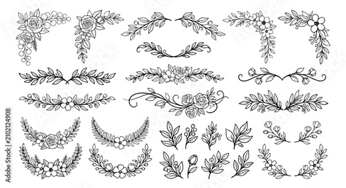 Foto Vintage floral dividers and hand drawn botanical borders, set of black ink flowe