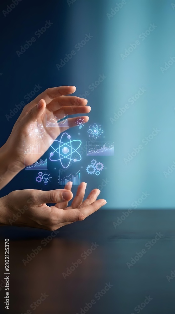 Obraz premium Hands holding glowing scientific and technological icons including atoms, molecules, and data charts against blue gradient background for research and innovation concepts.