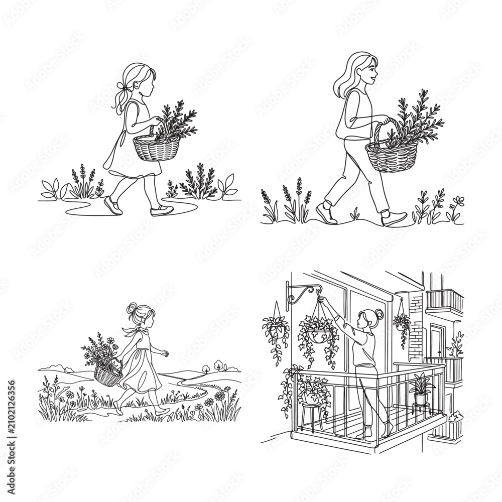 Obraz premium Line drawings of people carrying plants and gardening