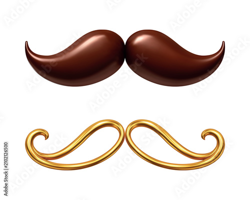 Brown and golden decorative mustaches ornament isolated on white background. Fathers Day gentleman symbol set