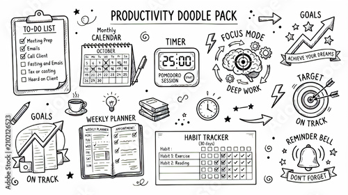 Hand draw productivity management and personal organization doodle elements set