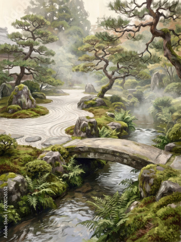 Japanese zen garden pine tree moss stone bridge stream mist peaceful landscape with raked sand and lush greenery