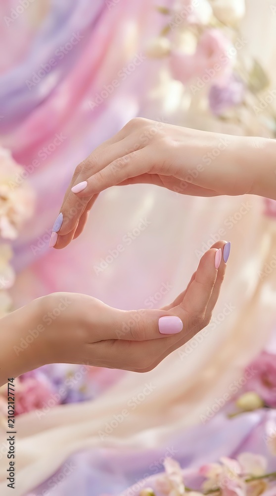 Fototapeta premium Two female hands with pink manicure positioned protectively over soft floral background with pink and purple tones, ideal for beauty, skincare, wellness and cosmetics marketing.
