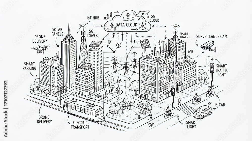 Obraz premium Hand draw smart city infrastructure and digital technology concept doodle