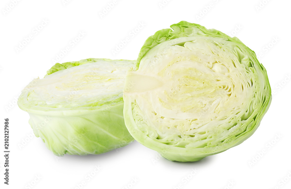 Fototapeta premium Young cabbage isolated on white. Two halves