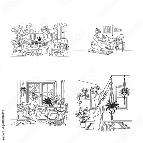 фотографія woman taking care of plants in different settings at home