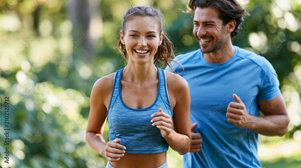Fototapeta premium Happy couple jogging together in a summer park, cardio workout, fitness training, healthy relationship goals, with copy space