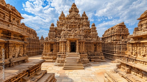 Ornate sandstone temple complex under a blue sky.