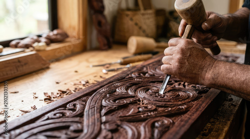 Masterful Wood Carving: Hands skillfully sculpt intricate patterns into a dark wooden panel, showcasing the art of traditional craftsmanship in a detail-oriented workshop.