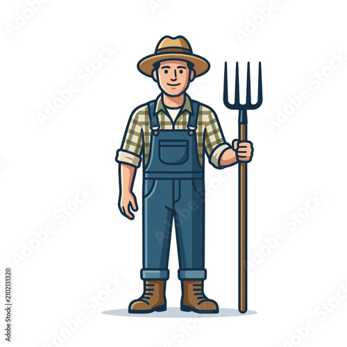 Fényképezés Farmer Holding Pitchfork in Overalls.