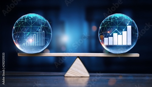 two glowing spheres with financial graphs inside balance on a seesaw representing comparison and equilibrium in data or market analysis