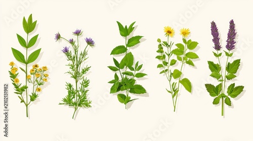 Six types of medicinal herbs with flowers and leaves isolated on white.