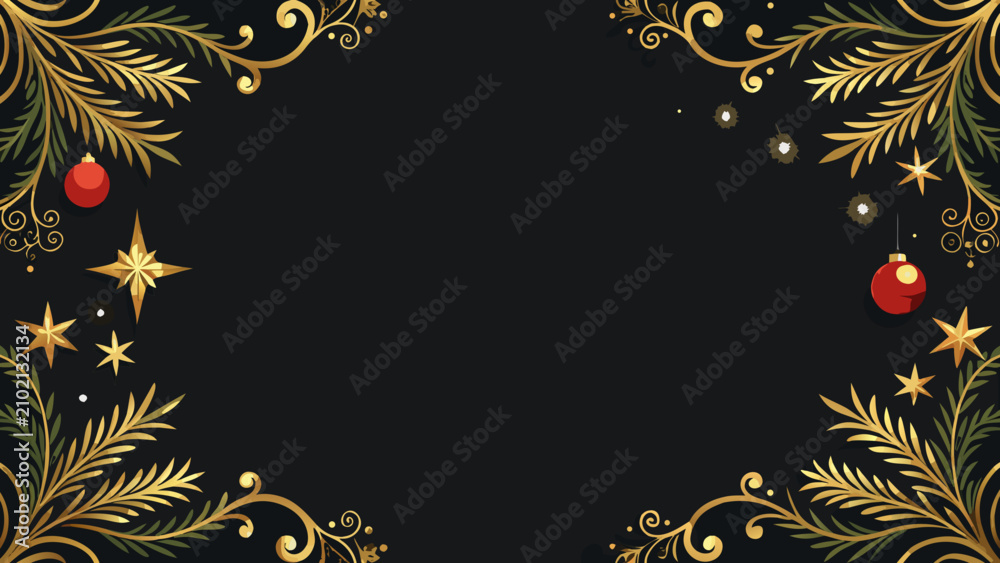 Fototapeta premium Elegant Christmas Background with Golden Branches and Red Ornaments