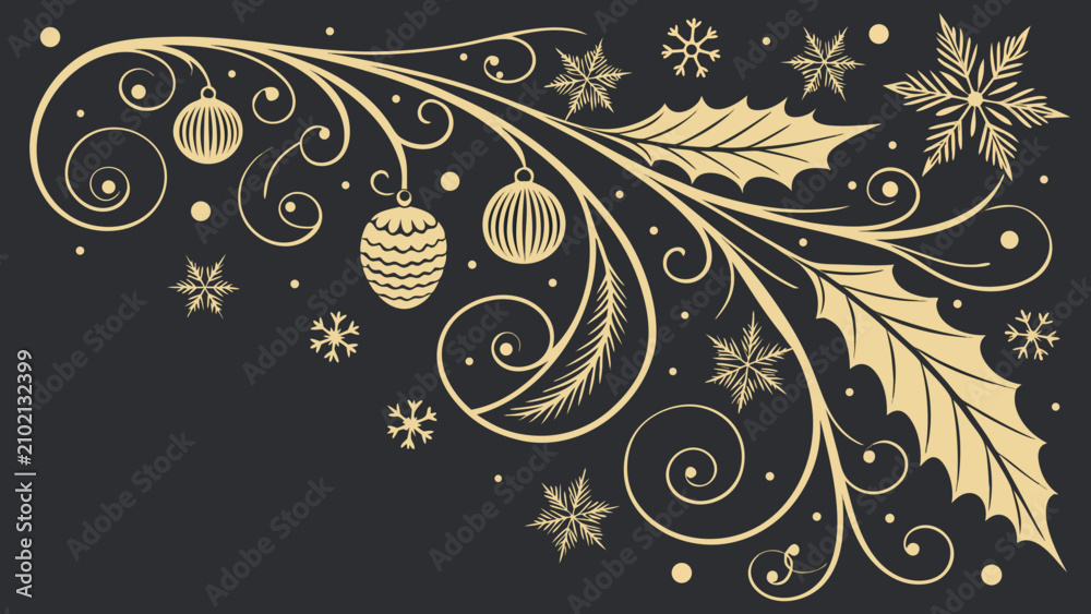 Fototapeta premium Elegant Gold Christmas Floral Border with Snowflakes and Ornaments