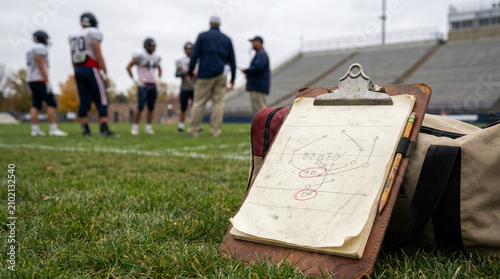 Football playbook on clipboard during practice on sports field  