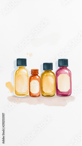 Essential oils in bottles, watercolor style image