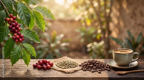 International Coffee Day with fresh cherries and roasted beans
