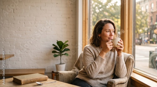 Woman celebrating International Coffee Day inside cozy coffee shop