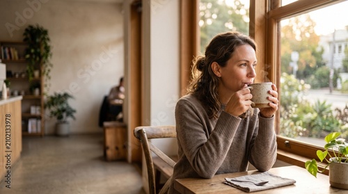 Businesswoman celebrating International Coffee Day in a cozy cafe