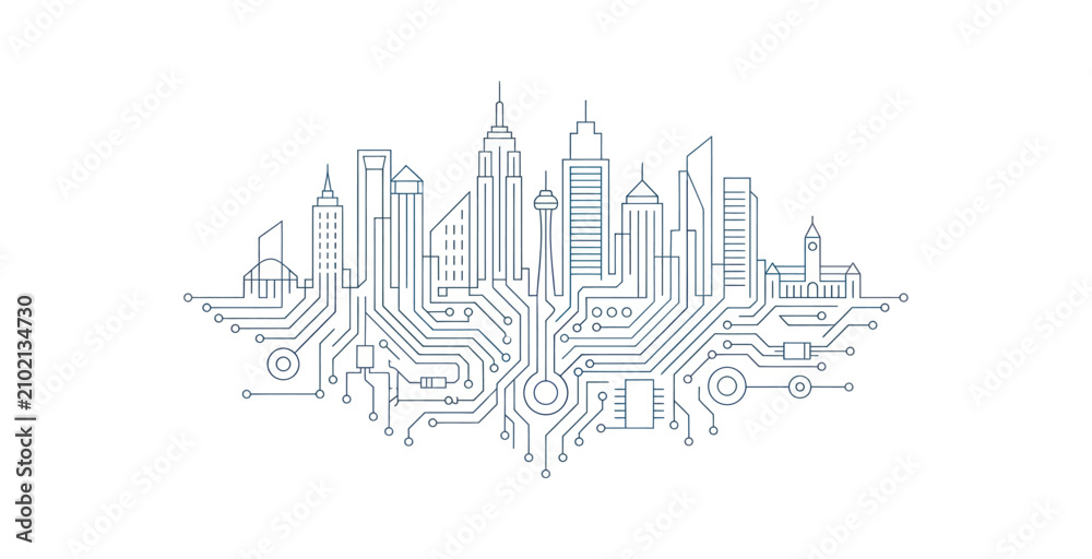 Fototapeta premium Digital City Skyline Circuit Board Vector Illustration