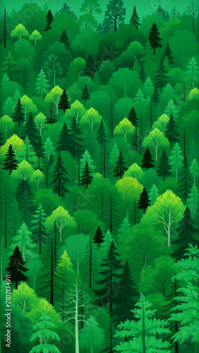 serene forest silhouette in lush green environment with top-down perspective and natural illustration for editorial and educational use cases in modern design and web banner applications.