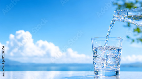夏空を背景にペットボトルからグラスへ注がれる冷たい水｜AI生成画像