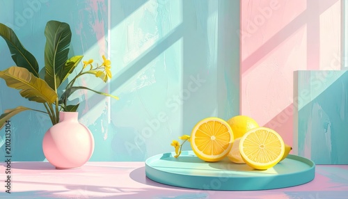 Pastel-toned still life with lemons, a vase of greenery, and a play of shadows