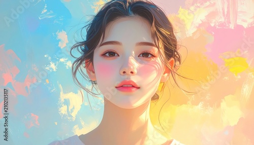 Digital painting of a young woman with dark hair against a soft, colorful pastel background