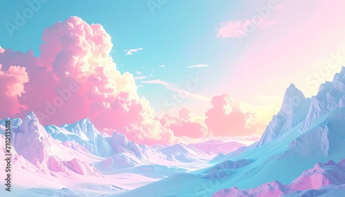 Dreamy pastel landscape snow-capped mountains under a cotton candy sky, soft light and shadows