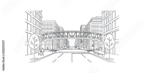 Konstfotografi City Street with Pedestrian Bridge Vector Illustration