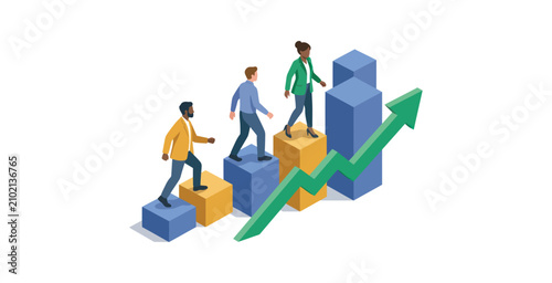 Diverse Business Team Climbing Growth Chart Vector Illustration