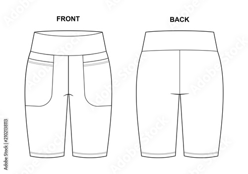 Technical fashion flat sketch of women's shorts design template. Mockup front and back view.	