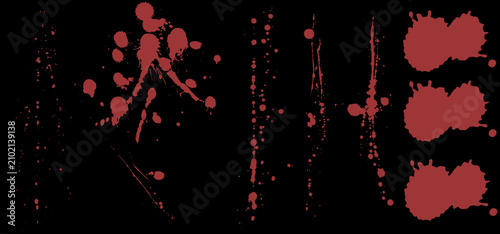 Set of isolated red blood splatter elements on a black background.