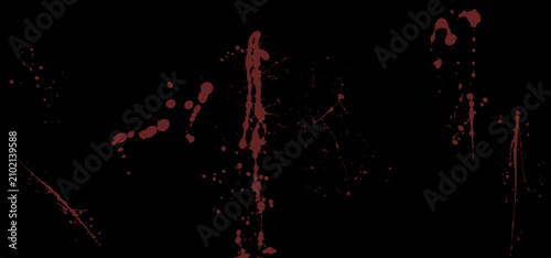 Abstract dark red blood splatters and drips on a solid black background.