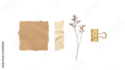 Stationery set with brown paper scrap adhesive tape dried flower binder isolated on transparent background