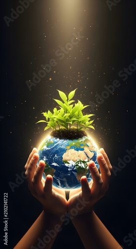 Hands Holding Planet Earth with Growing Green Plants Under Dramatic Light, Environmental Responsibility, Reforestation, Sustainability and Climate Action Concept