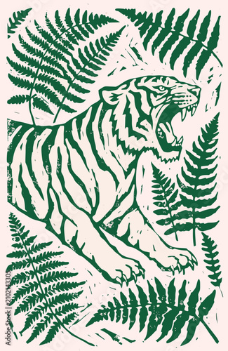 Fierce tiger illustration with roaring mouth, surrounded by green fern leaves in a vintage art style