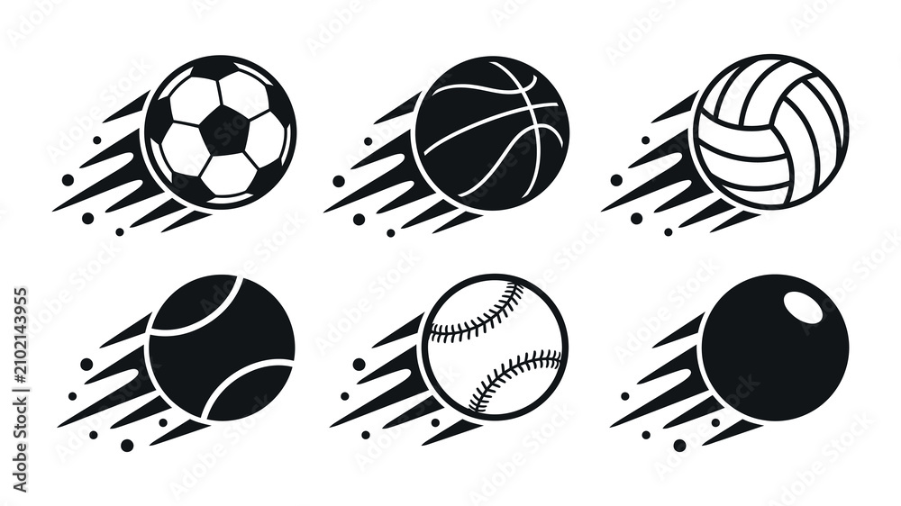 Fototapeta premium Collection of fast moving sports balls in black and white vector art