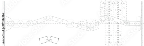 Technical vector blueprint detailing the mechanical pivot and folding mechanism for a concertina or folding door system, suitable for architectural design documentation, construction planning