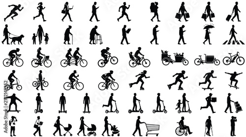 Foto Collection of various people walking, running, cycling, and engaging in other ac